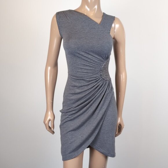 Vintage Y2K Dynamite Faux Wrap Dress Studded Gathered Asymmetric Mini Bodycon - Picture 14 of 14